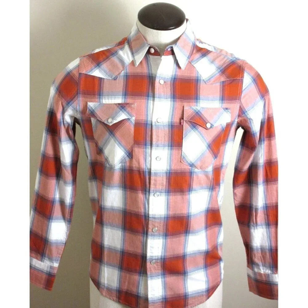Levi's Men's Western Snap Front Plaid Red White Blue Cotton Shirt Classic NWT